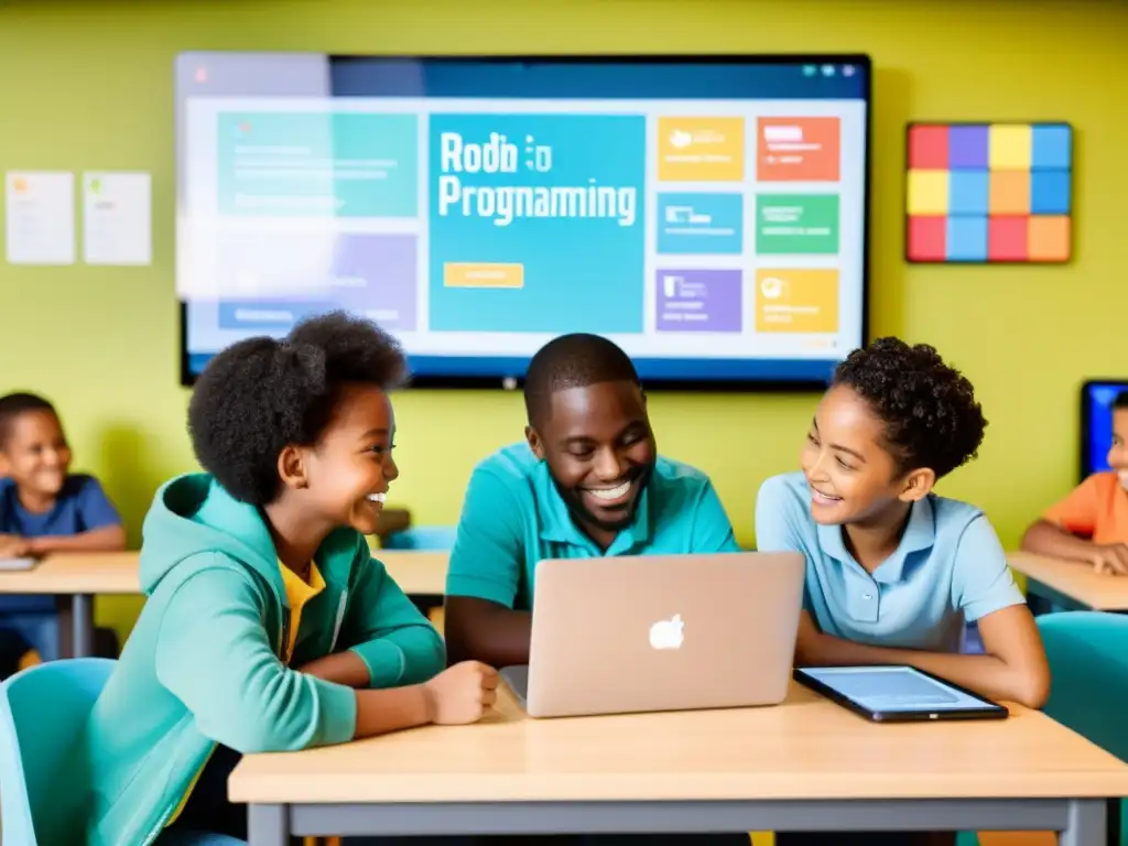 Un grupo de niños programando y colaborando en un aula llena de herramientas educativas