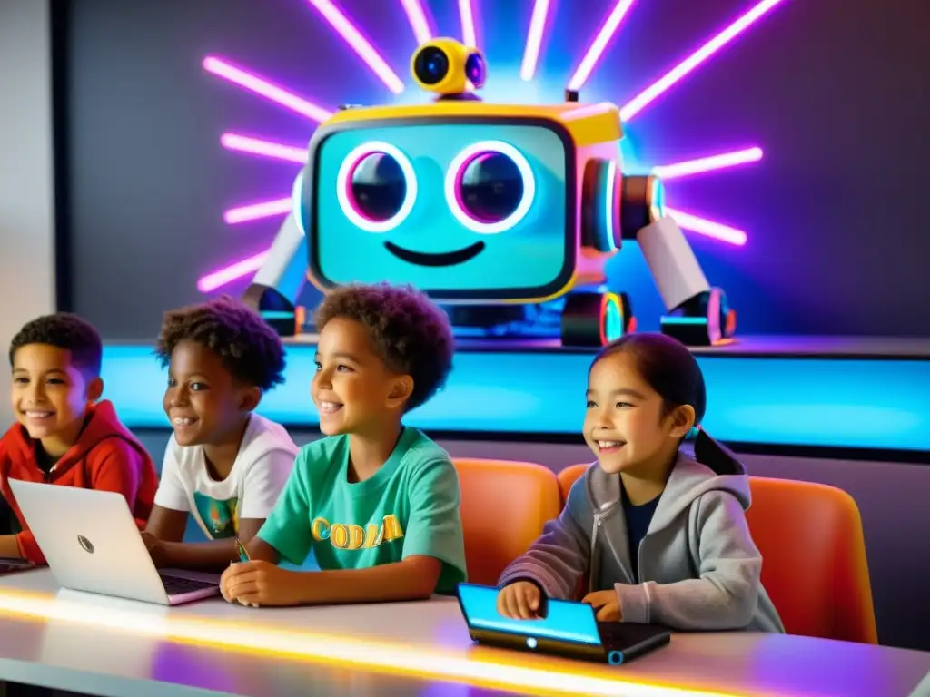 Grupo de niños programando con entusiasmo en un entorno futurista, rodeados de herramientas educativas