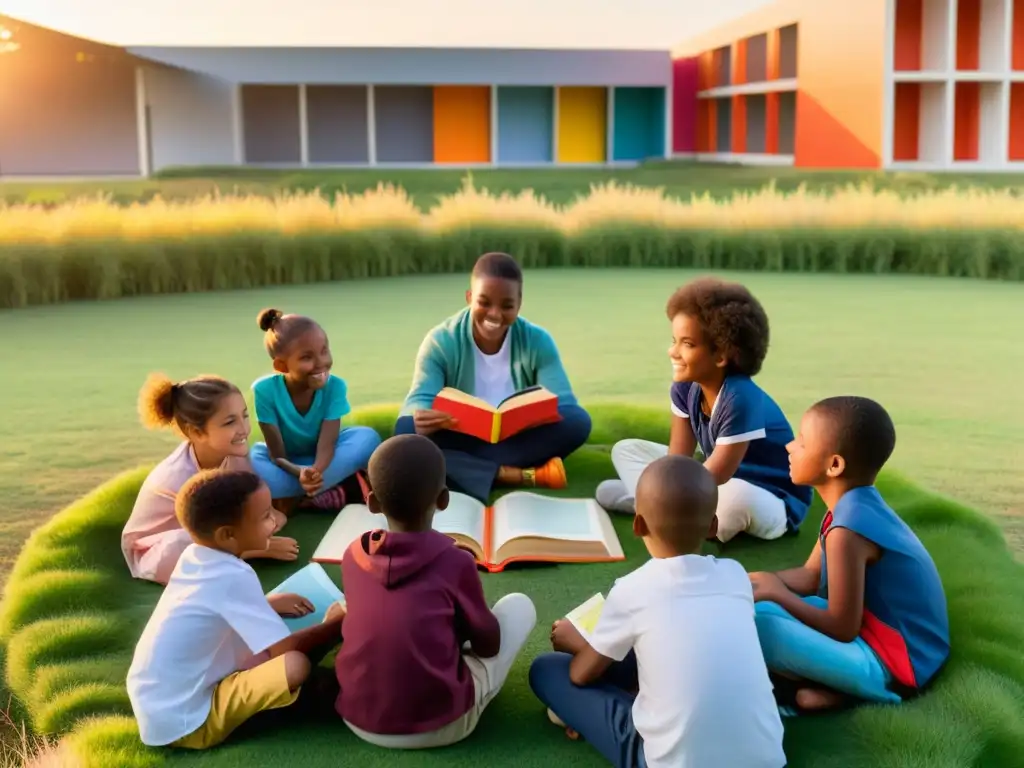 Un grupo de niños diversos leyendo y discutiendo libros de código abierto en un campo, con la luz cálida del atardecer