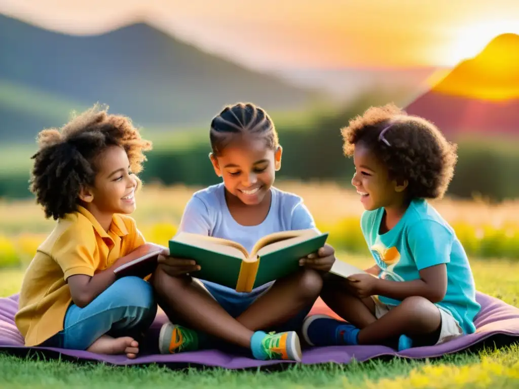 Un grupo de niños diversos disfruta leyendo libros de código abierto para niños en un campo con el sol poniéndose, expresando alegría y curiosidad