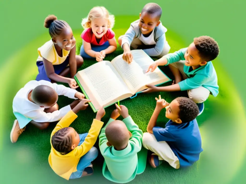 Un grupo de niños diversos rodeados de libros abiertos coloridos en un campo de hierba vibrante, con expresiones de emoción y curiosidad