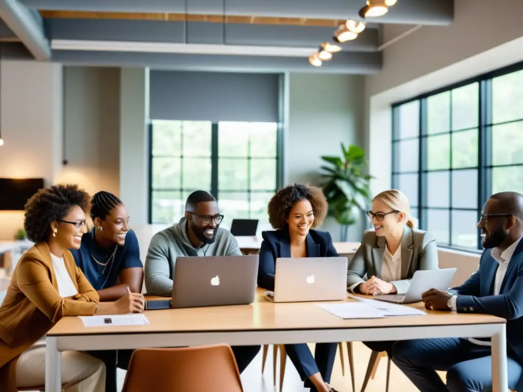 Un grupo de personas diversas colabora con entusiasmo en un hackatón de código abierto, creando un ambiente cálido y lleno de innovación colaborativa