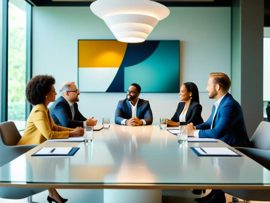 Un grupo de profesionales diversificados discutiendo estrategias en una sala luminosa con arte abstracto en las paredes