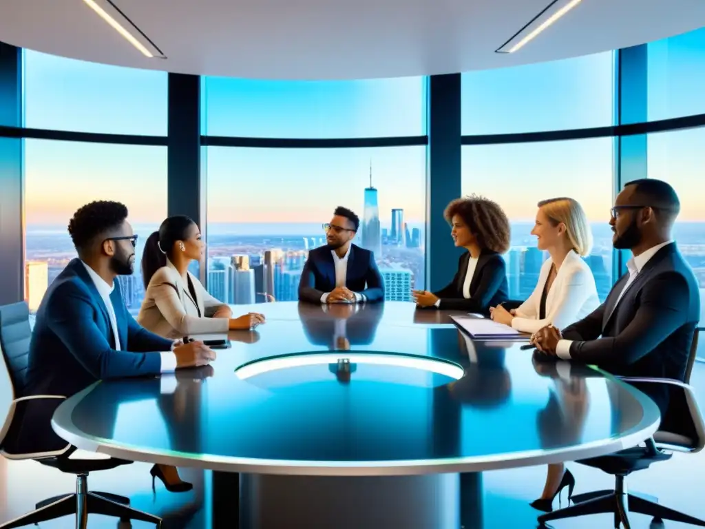 Un grupo de profesionales diversos se reúne en una sala minimalista y luminosa con una vista impresionante de la ciudad