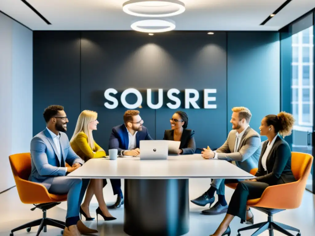 Un grupo de profesionales diversos colaborando en un proyecto de software colaborativo en una oficina moderna