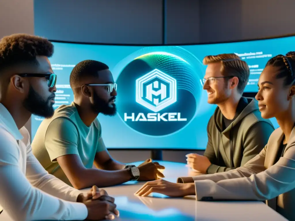 Un grupo de programadores colaborando en código Haskell abierto alrededor de una pantalla holográfica futurista