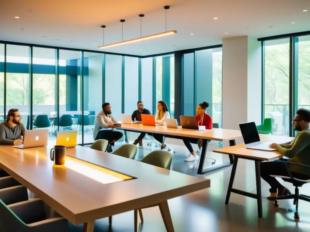 Un grupo de programadores y diseñadores colaborativos en una mesa de conferencias, trabajando en un proyecto de hackathons de código abierto