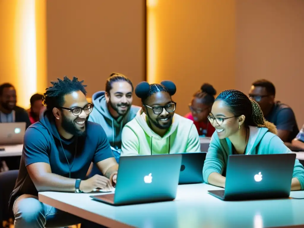 Un grupo de programadores entusiastas y diversos colabora en un hackathon, creando innovación colaborativa en hackathons de código abierto