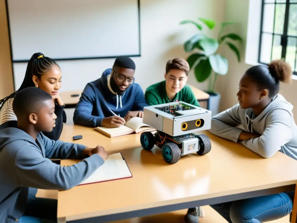 Grupo variado de estudiantes aprendiendo IA y robótica código abierto, colaborando en la construcción y programación de un robot