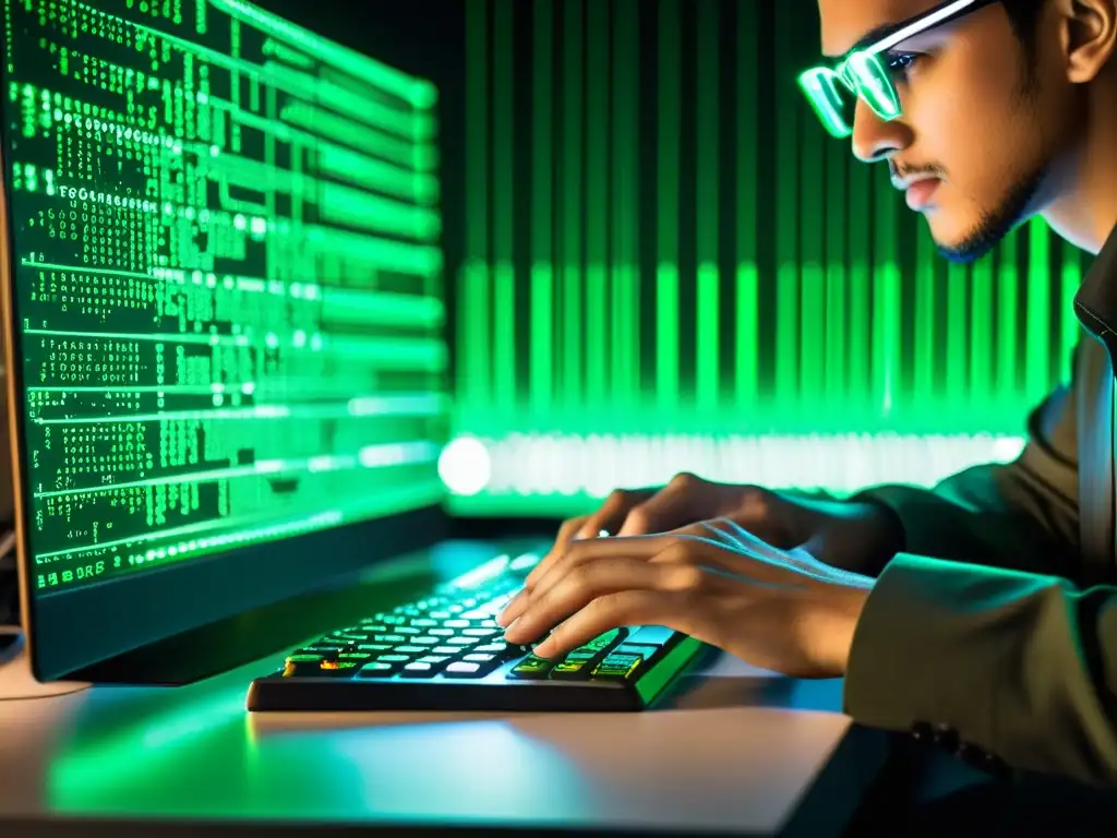 Un hábil hacker de whitehat teclea en un elegante teclado mientras los reflejos verdes de código Matrix brillan en sus gafas