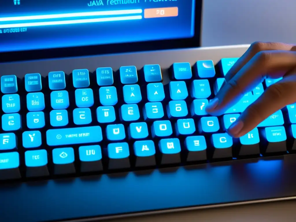 Las hábiles manos del desarrollador escriben código Java en un teclado moderno iluminado con un suave resplandor azul