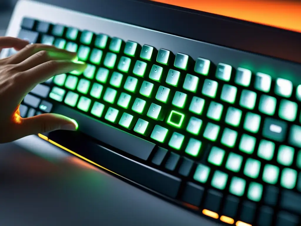 Las hábiles manos del desarrollador teclean en un elegante teclado retroiluminado, mientras la pantalla muestra código Cucumber nítido