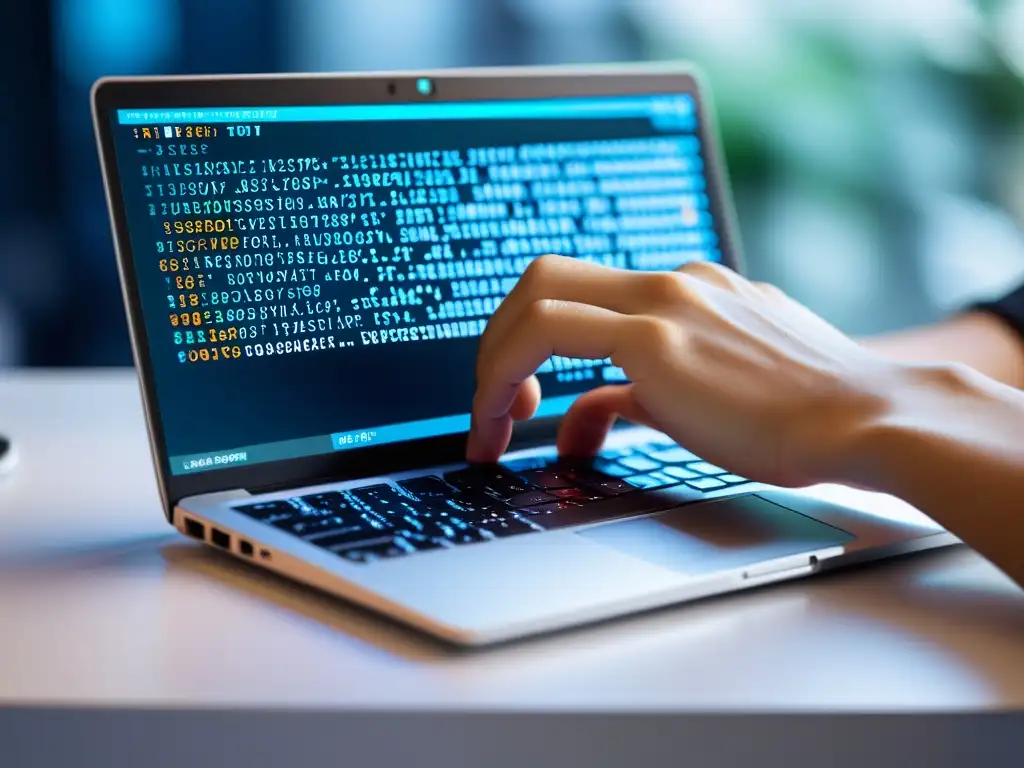 Habilidades de desarrollo FrontEnd con herramientas Open Source, manos escribiendo código en un teclado moderno y elegante de laptop