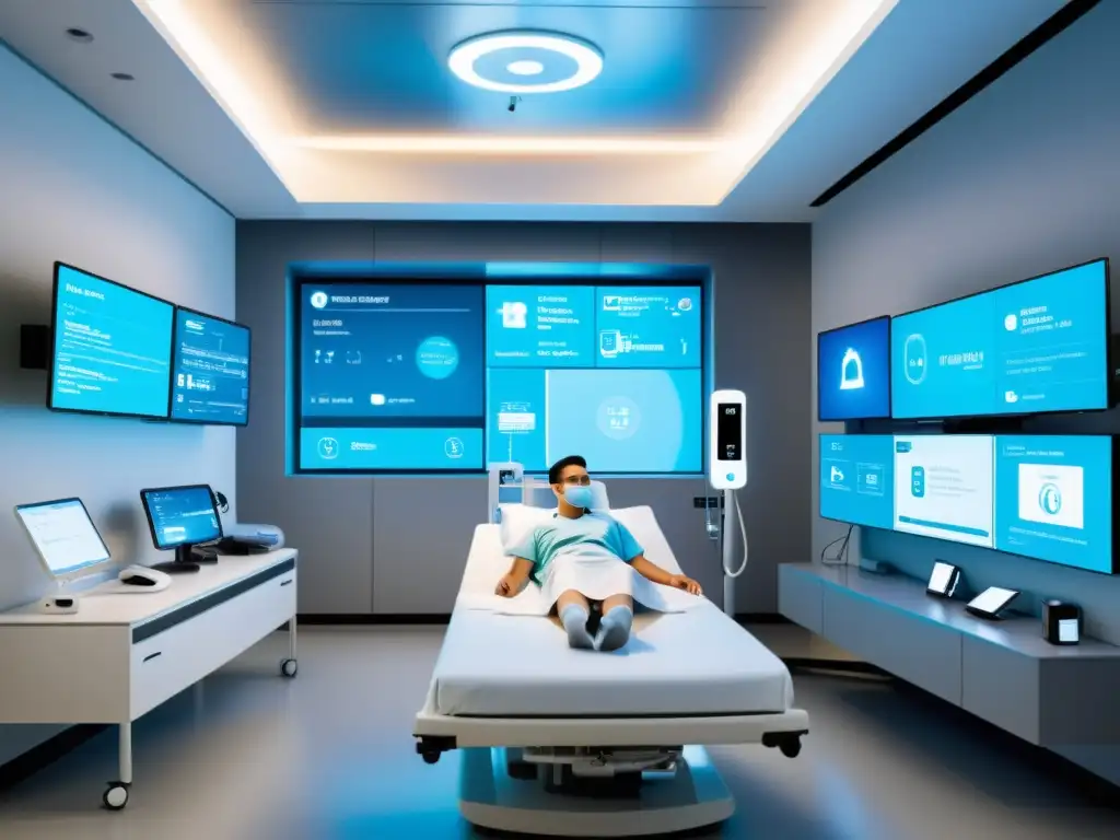 Una habitación de hospital moderna con dispositivos médicos IoT de código abierto, creando un entorno futurista y eficiente en medicina