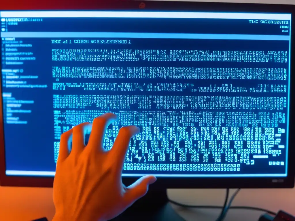 Un hacker simula amenazas con herramientas open source en una pantalla de computadora de alta tecnología