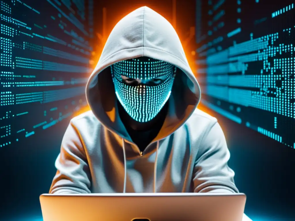 Un hacker en capucha frente a una computadora rodeado de líneas de código y elementos de seguridad, destacando la importancia de estrategias efectivas para la seguridad en software de código abierto