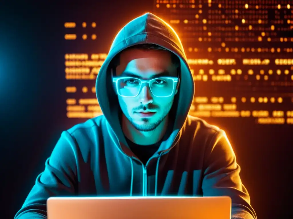 Hacker en la sombra: Códigos y seguridad informática Un hacker con capucha frente a un monitor con líneas de código y símbolos de seguridad, reflejados en sus lentes