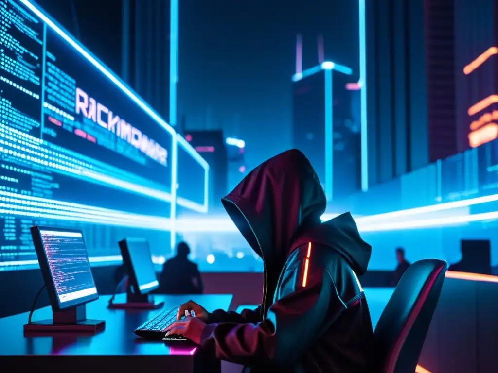 Un hacker en una ciudad futurista con luces de neón, rodeado de código y mensajes de ransomware