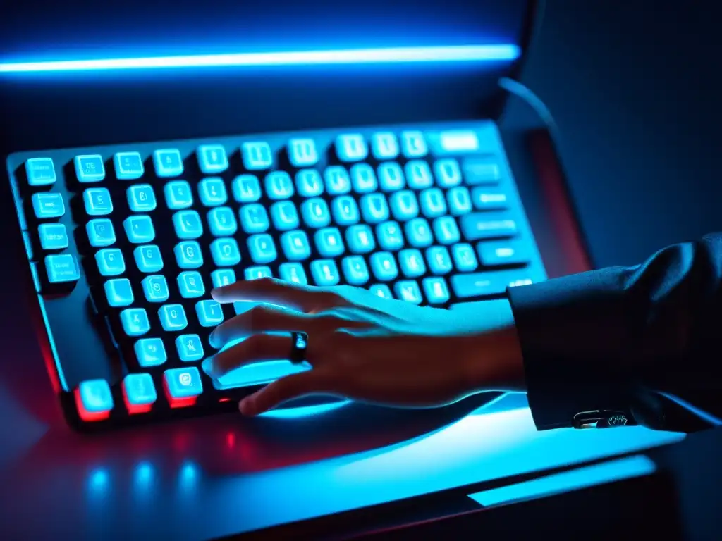 Un hacker concentradamente escribe en un teclado moderno, con código reflejado en sus gafas