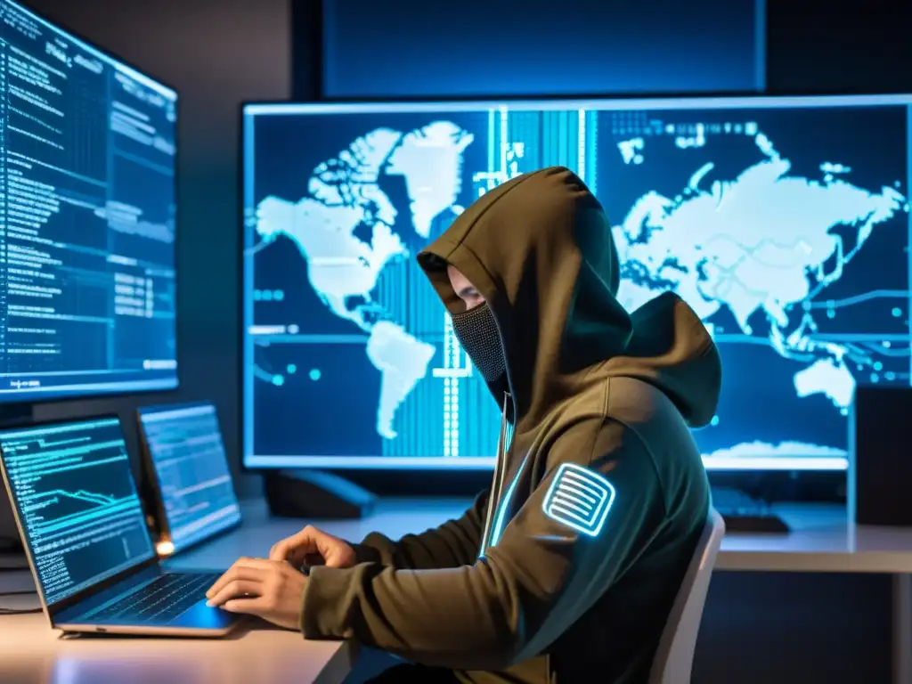 Un hacker concentrado en romper sistemas de seguridad digital en Kali Linux, rodeado de tecnología de vanguardia en un espacio futurista y minimalista