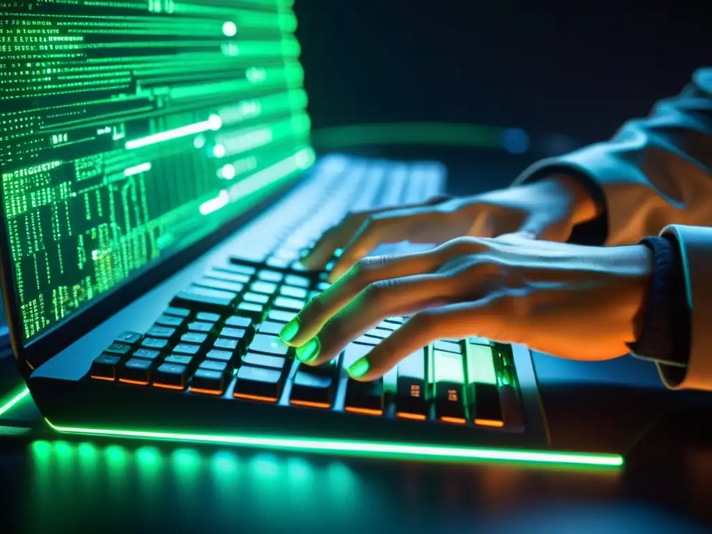 Un hacker concentrado escribe en un teclado iluminado con líneas de código y datos verdes