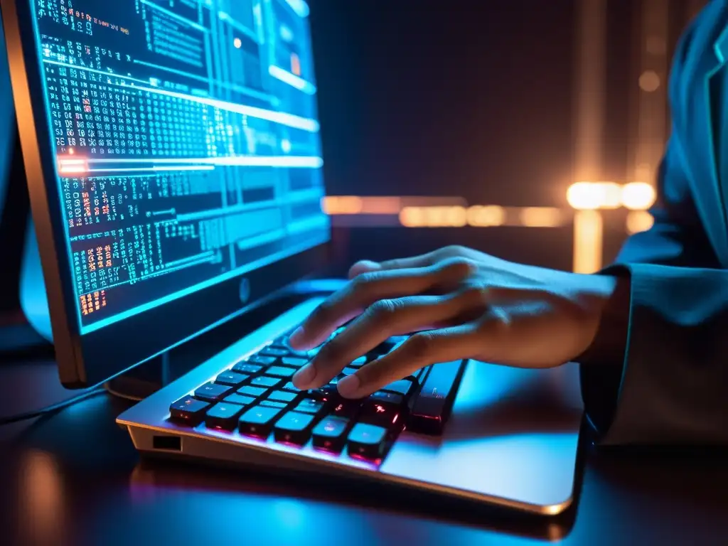 Un hacker tecleando rápidamente en un elegante teclado iluminado, con código reflejado en sus gafas, en una sala llena de tecnología avanzada