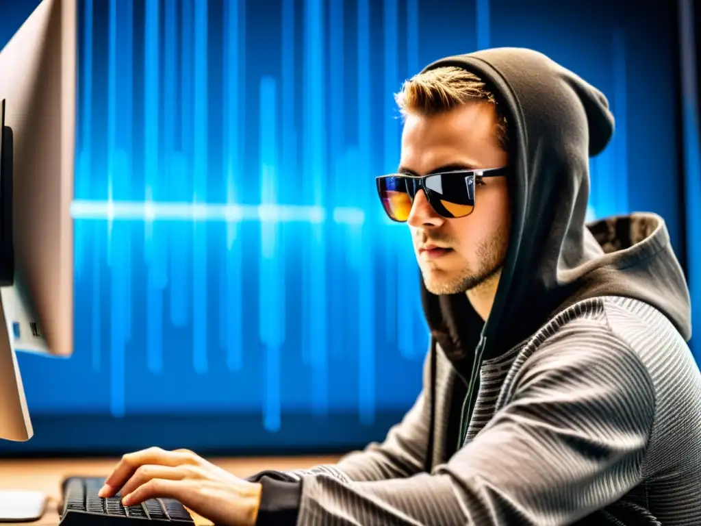 Un hacker enfocado con hoodie y gafas, rodeado de código y software de seguridad, trabajando en una auditoría de seguridad en código abierto