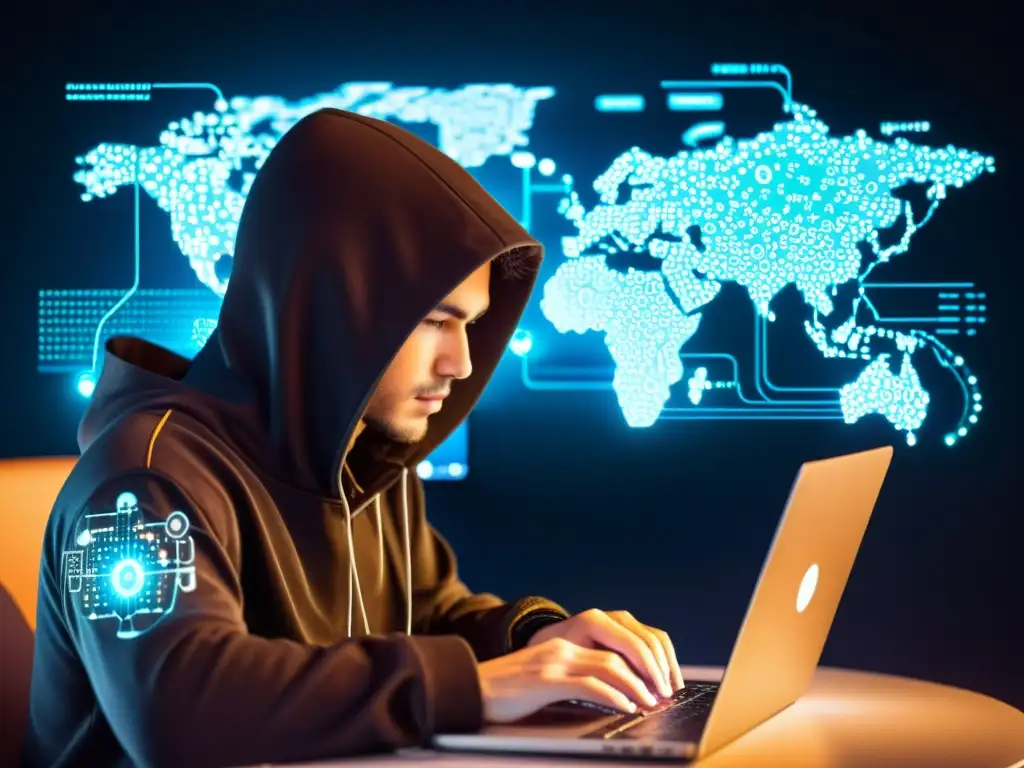 Un hacker ético con herramientas de código abierto, enigmático frente a una pantalla futurista llena de código y símbolos de seguridad digital