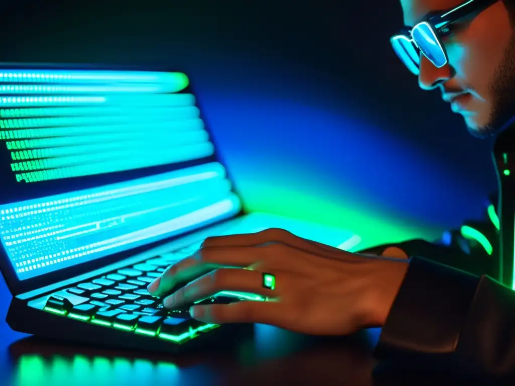 Un hacker teclea con intensidad en un teclado iluminado, reflejando código en sus gafas