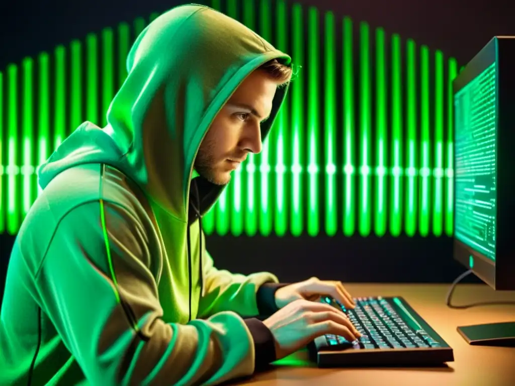 Un hacker con sudadera con capucha teclea con determinación en su ordenador, rodeado de líneas de código y interfaces digitales