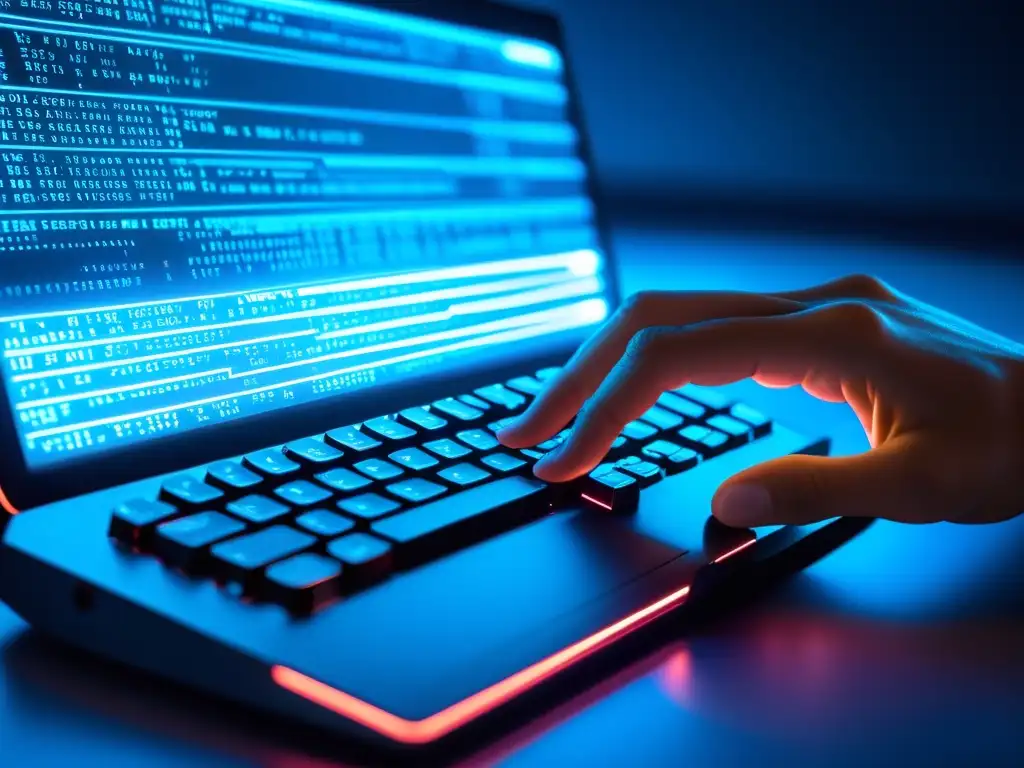 Un hacker teclea con precisión en un teclado moderno, iluminado por una suave luz azul, mientras líneas de código complejas se muestran en pantalla