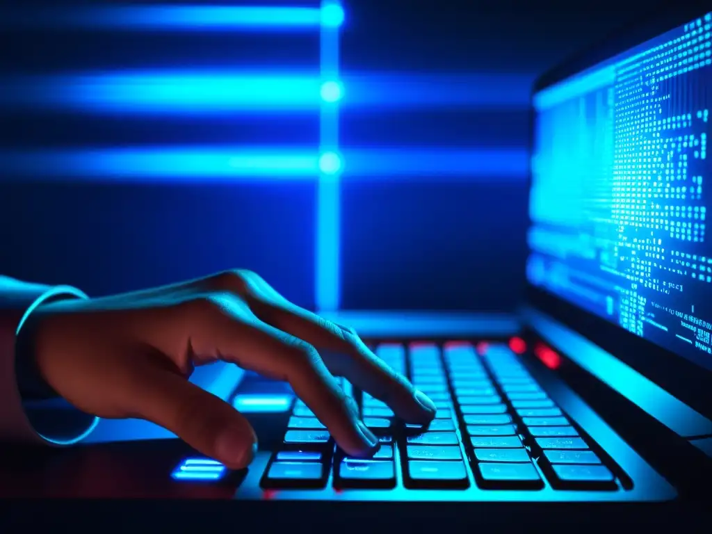 Ciberataque: manos expertas en acción Un hacker teclea frenéticamente en un teclado moderno, con líneas de código proyectadas sobre su rostro y manos