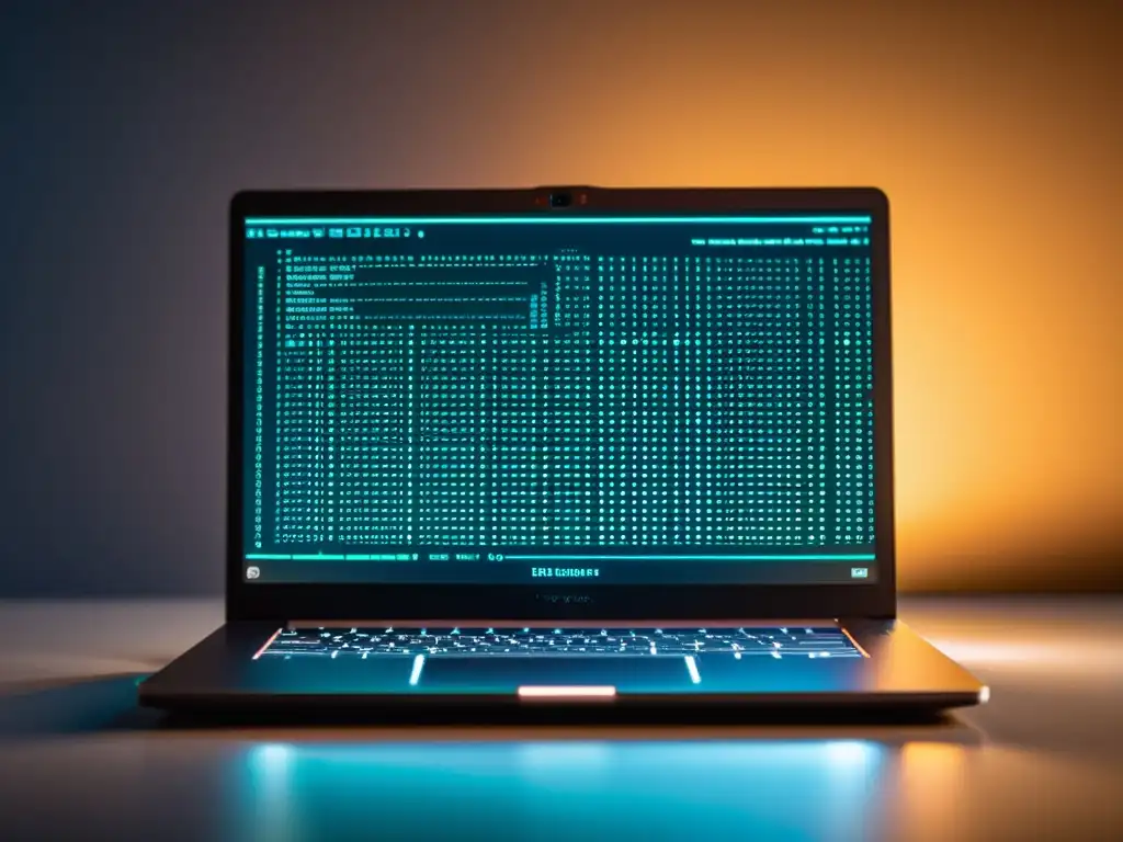 Hacking ético con herramientas de código abierto: laptop moderno con herramientas de hacking en la pantalla y código en neoncolores