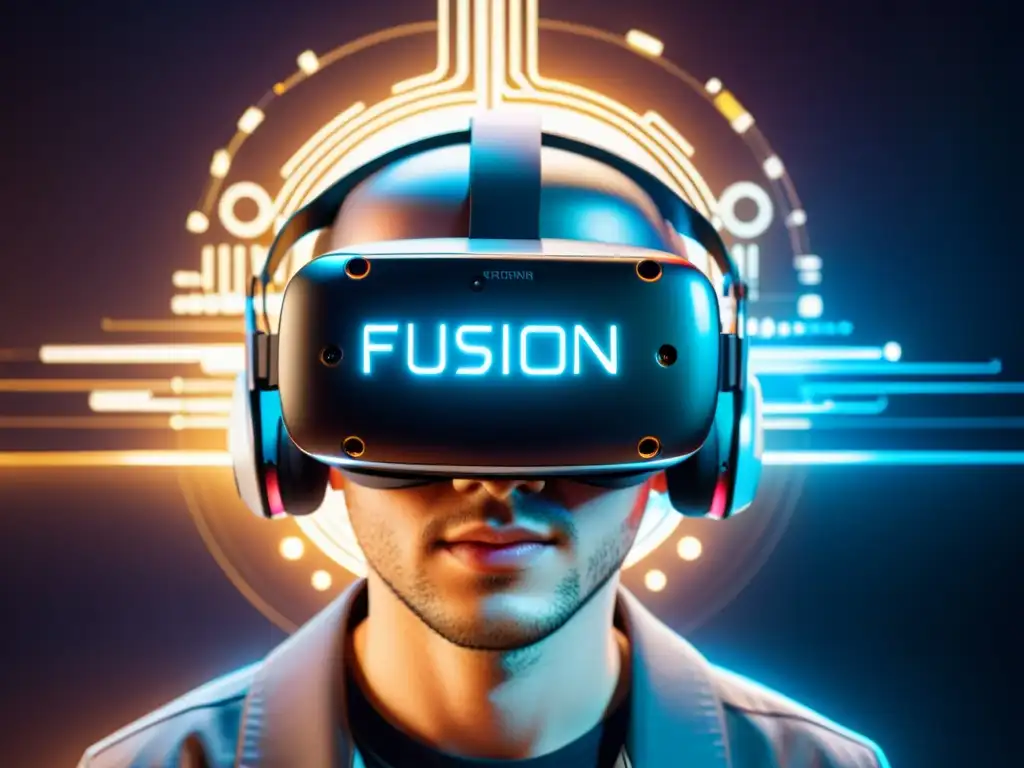 Realidad virtual futurista: fusión entre código abierto y tecnología VR Un headset de realidad virtual con circuitos brillantes y código abierto en realidad virtual