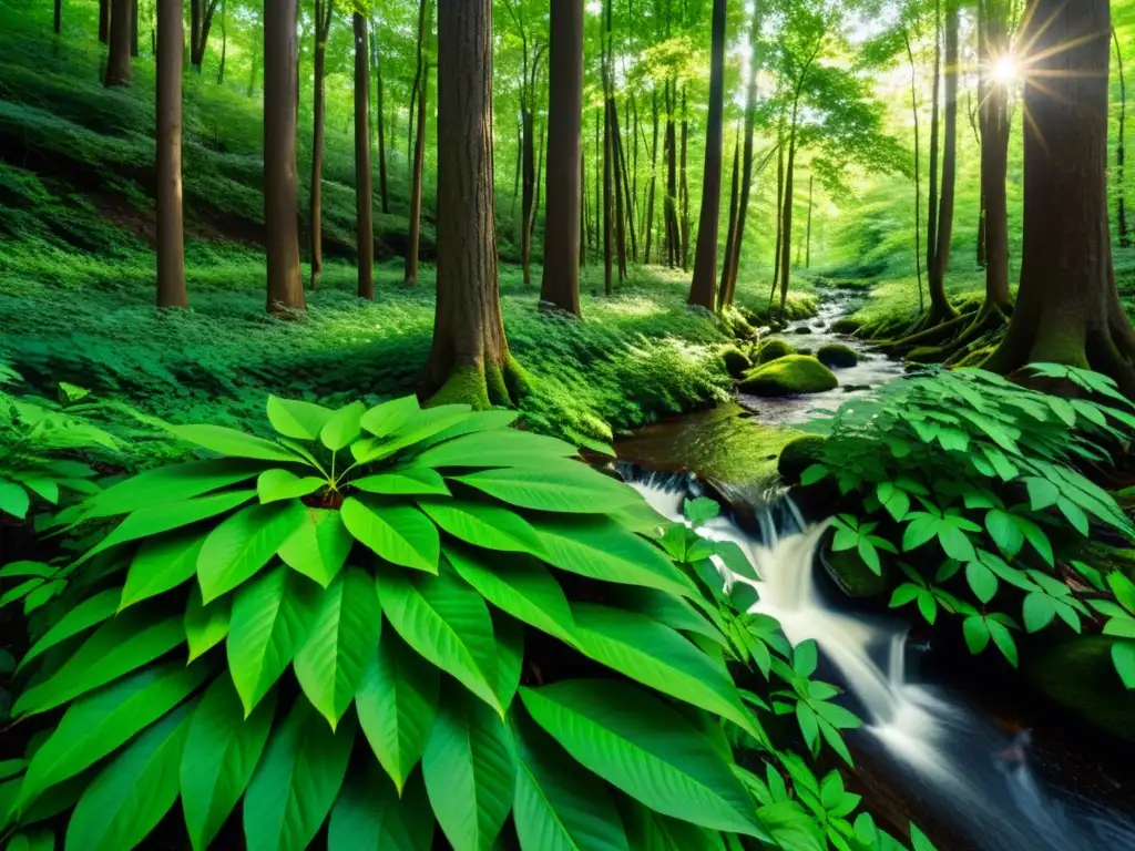 Hermoso bosque verde con luz solar filtrándose entre la densa vegetación