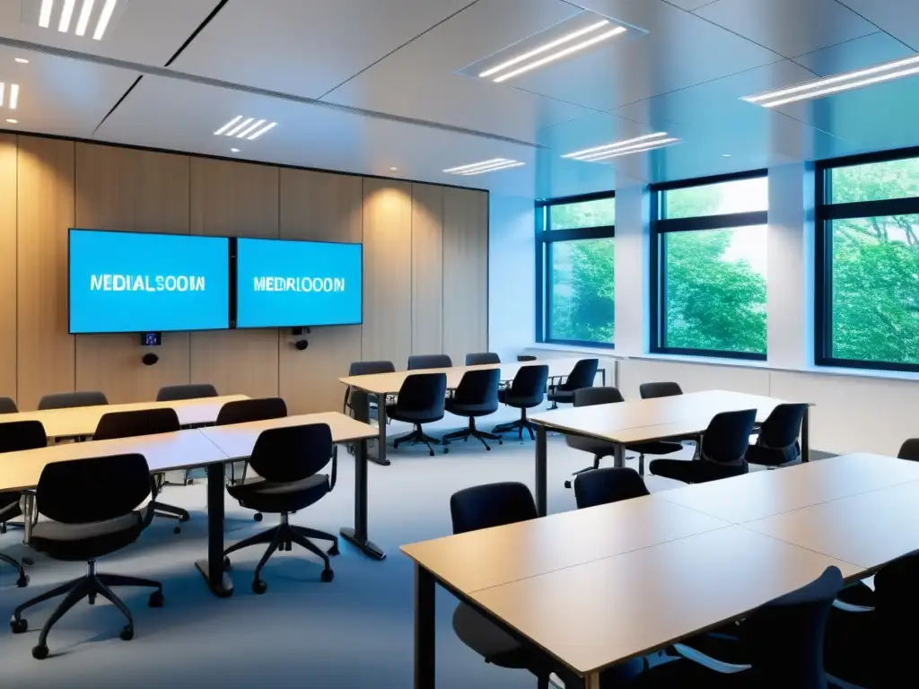 Salón de clases médicas moderno: eLearning interactivo Herramienta eLearning Open Source Médica en aula moderna y luminosa con profesionales médicos colaborando en módulos de formación