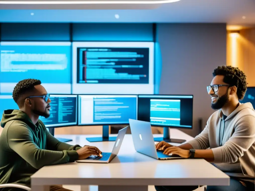 Herramientas open source para desarrollo web: Grupo de desarrolladores web colaborando en un proyecto futurista en una oficina luminosa y tecnológica