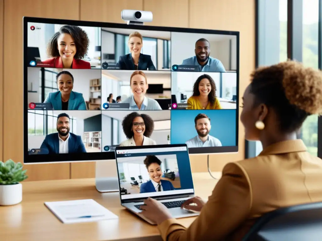 Herramientas open source videoconferencias: Profesionales y estudiantes colaboran en videoconferencia con moderna interfaz y ambiente profesional