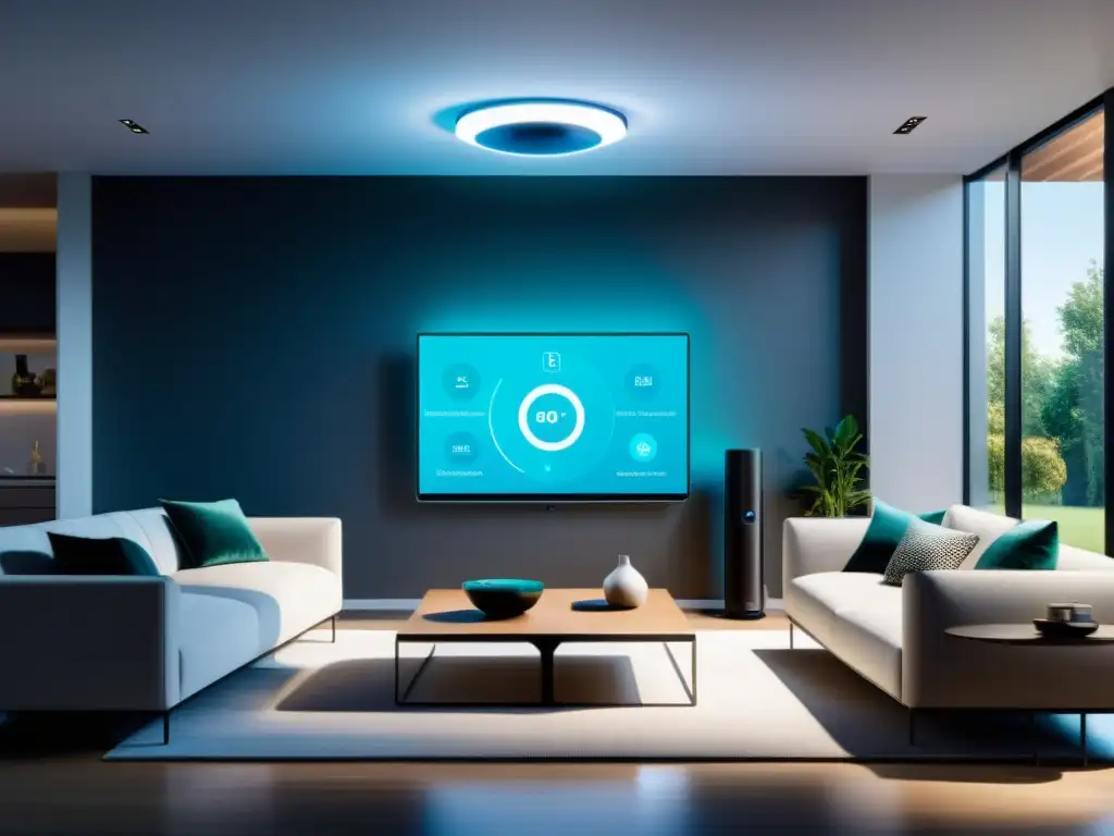 Un hogar inteligente con dispositivos IoT interconectados, mostrando su diseño futurista y la integración de Software libre para dispositivos IoT