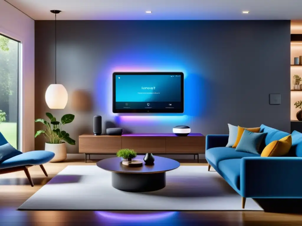 Un hogar inteligente con domótica DIY y Home Assistant, con luces inteligentes y un hub central futurista en un ambiente elegante y sofisticado