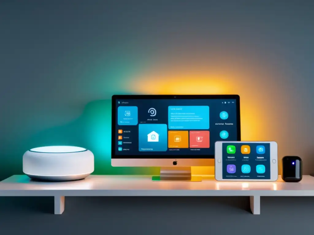 Un hogar inteligente moderno con dispositivos IoT interconectados, iluminación y seguridad, todo controlado por software de código abierto para IoT