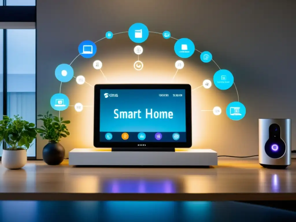 Un hogar inteligente moderno con dispositivos IoT interconectados y controlados por software de código abierto, mostrando la eficiencia y conveniencia de esta tecnología para IoT