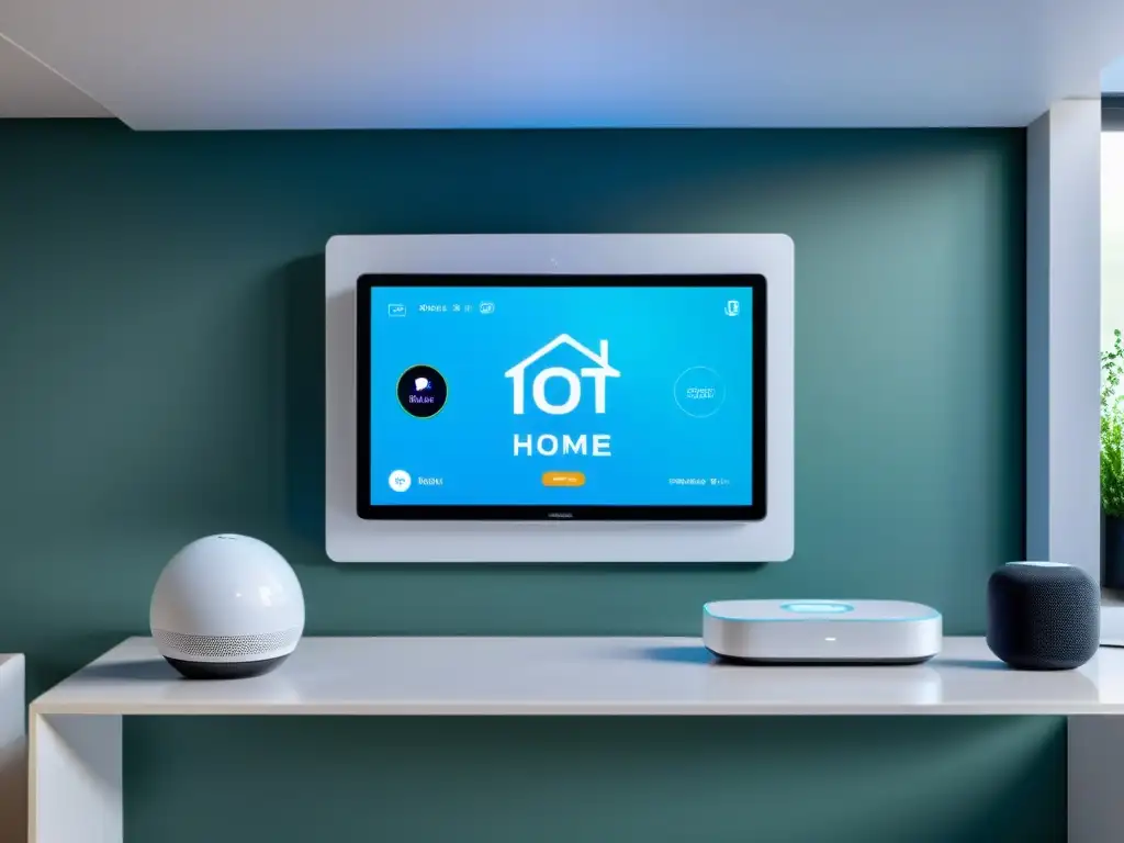 Un hogar inteligente moderno con dispositivos IoT interconectados y controlados a través de un hub central