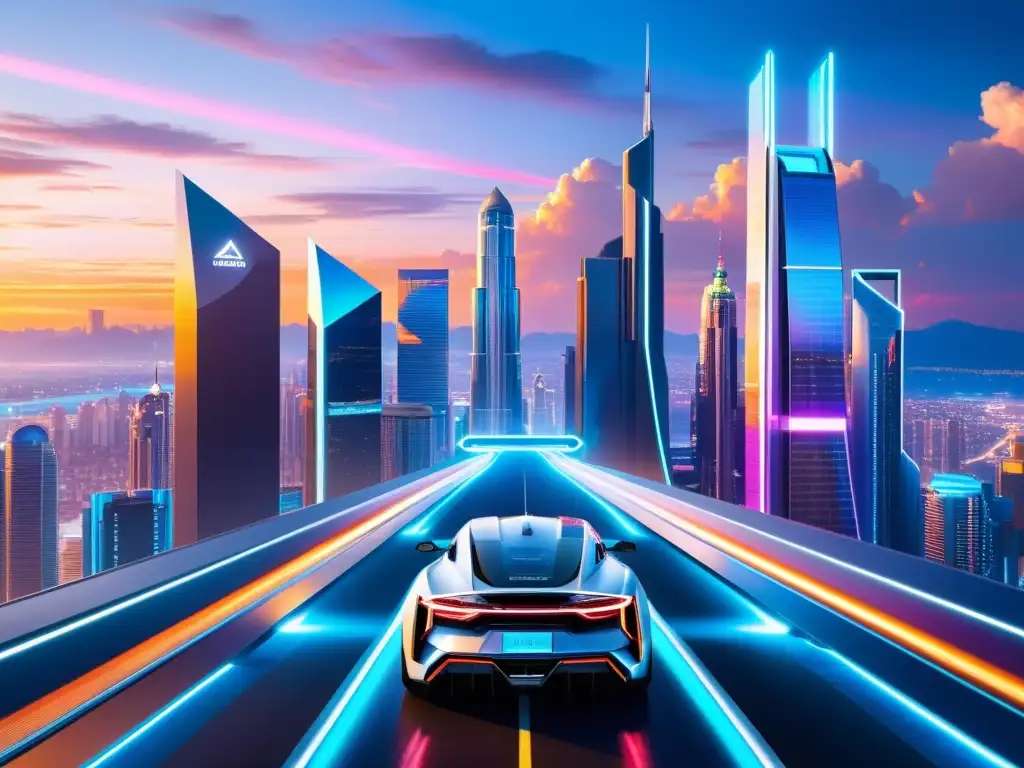 Horizonte futurista de la ciudad con rascacielos geométricos, luces neón y vehículos avanzados