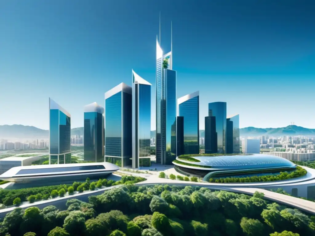 Un horizonte futurista y transparente con edificios gubernamentales que integran patrones de código abierto, iluminado por una suave luz cálida, rodeado de vegetación exuberante y cielos despejados, simbolizando transparencia en la práctica gubernamental