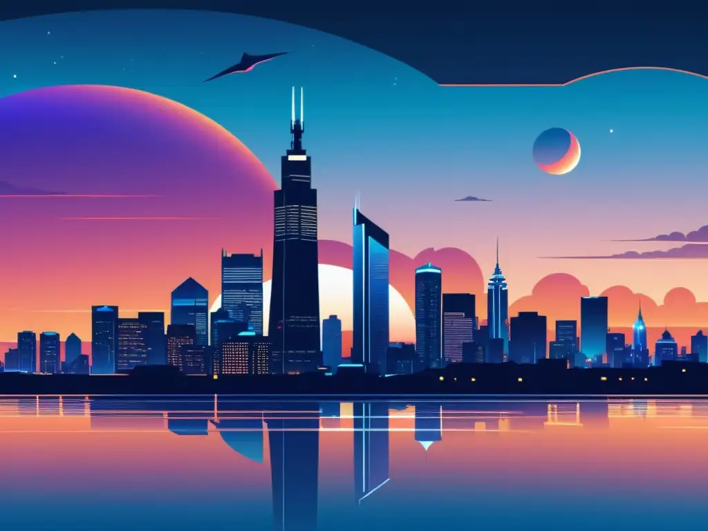 Un horizonte urbano futurista iluminado de noche con el logo del navegador Tor en el cielo, creando una atmósfera de anonimato y tecnología avanzada