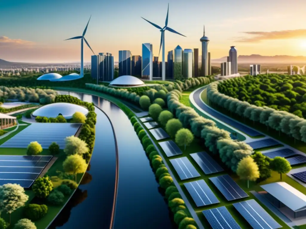 Horizonte urbano sostenible al atardecer Horizonte urbano moderno al atardecer con edificios sostenibles, energía renovable y transporte público eficiente
