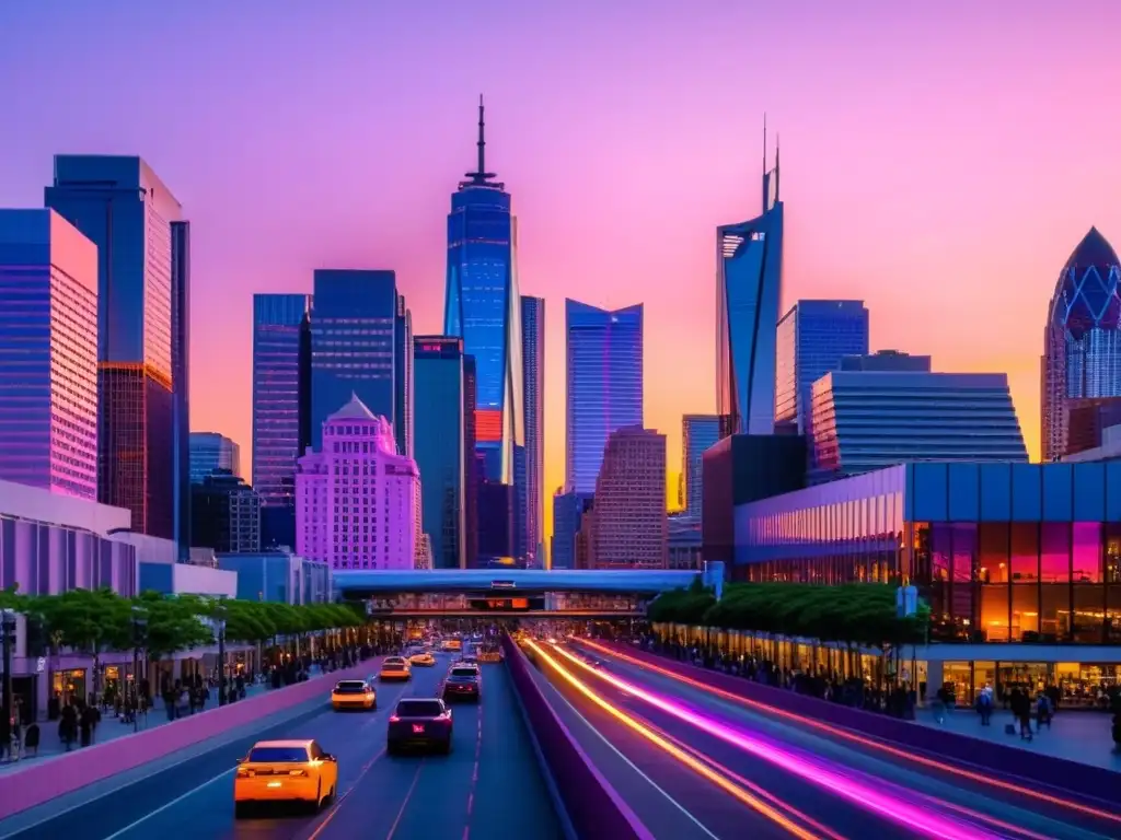 Horizonte urbano moderno iluminado por el cálido atardecer