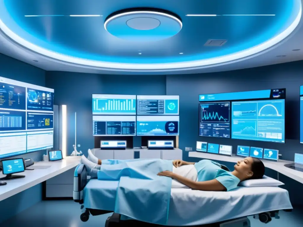 Un hospital futurista con equipos médicos de IA y software de código abierto en epidemias con IA, creando un entorno de vanguardia y colaborativo