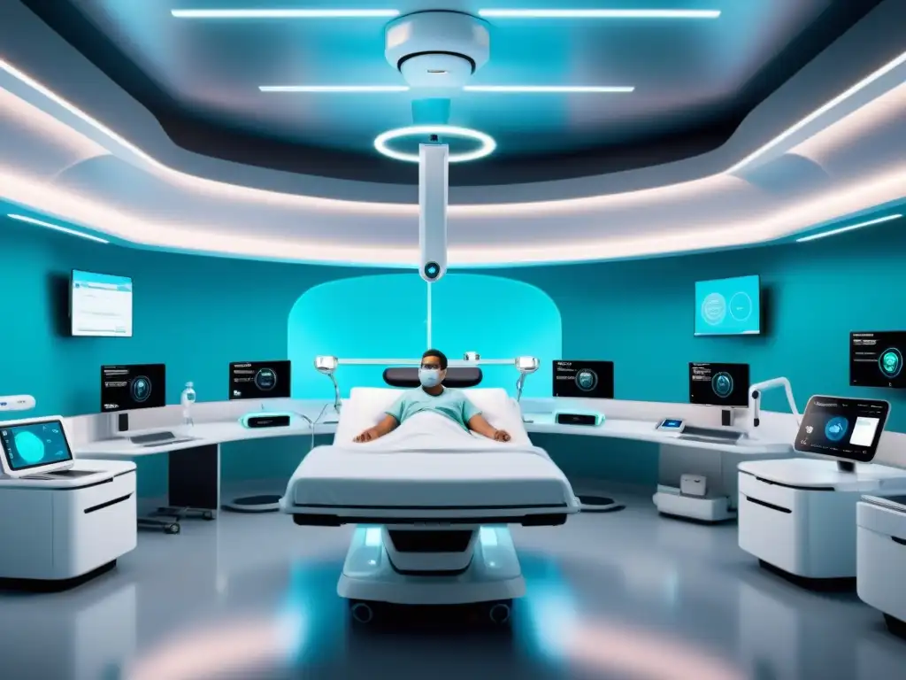 Habitación de hospital futurista con herramientas de código abierto en medicina, tecnología avanzada y ambiente profesional